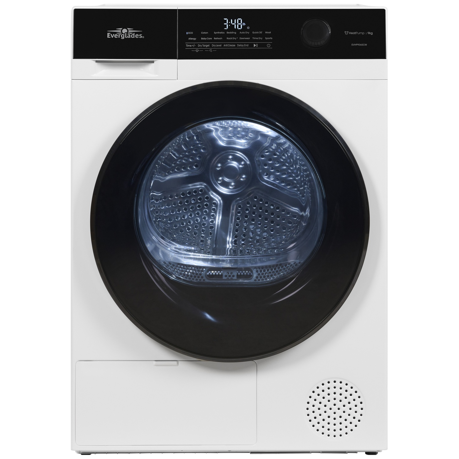 Witte warmtepompdroger met zwart deurframe en digitaal display.