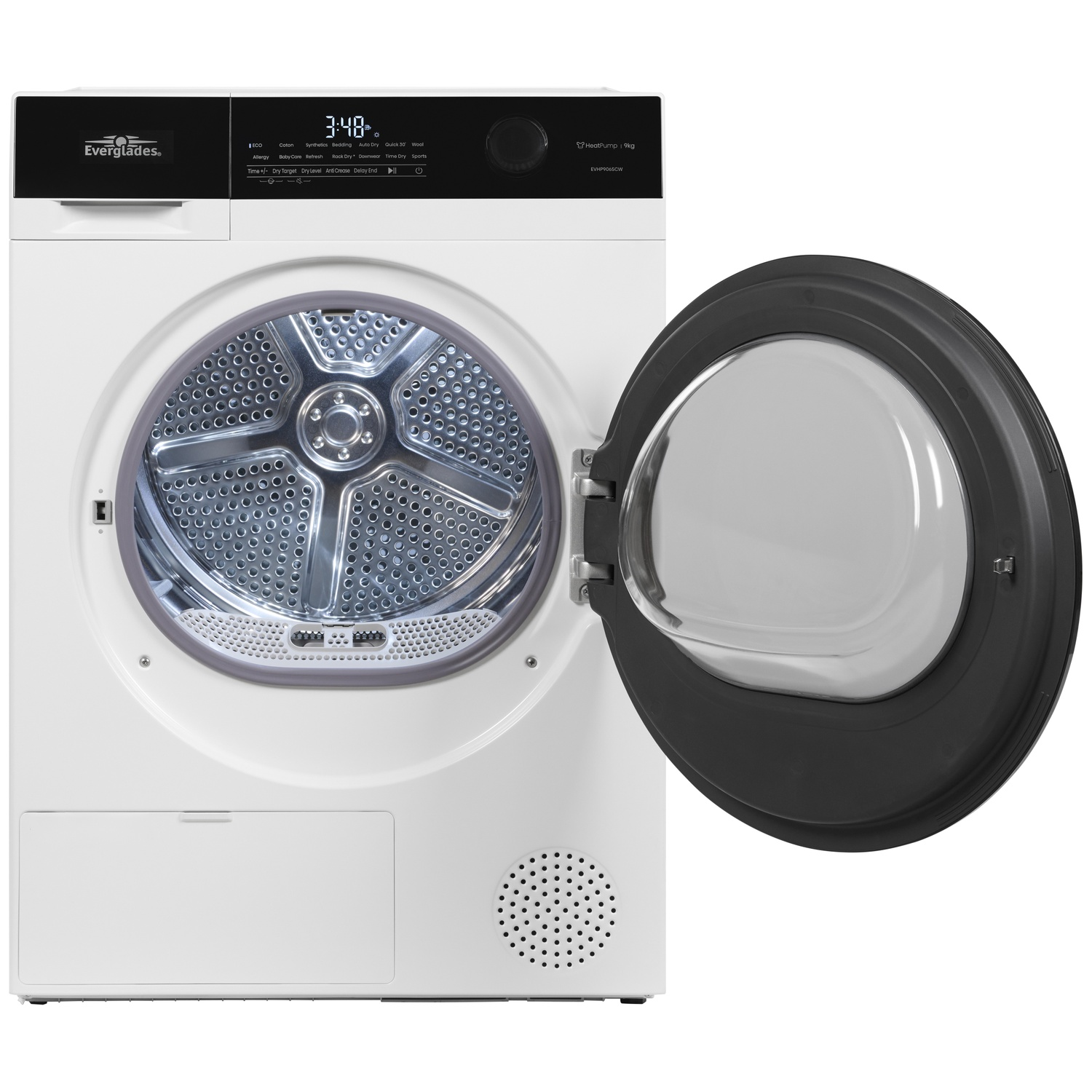 Witte Everglades warmtepompdroger met open deur, met trommel en bedieningspaneel.