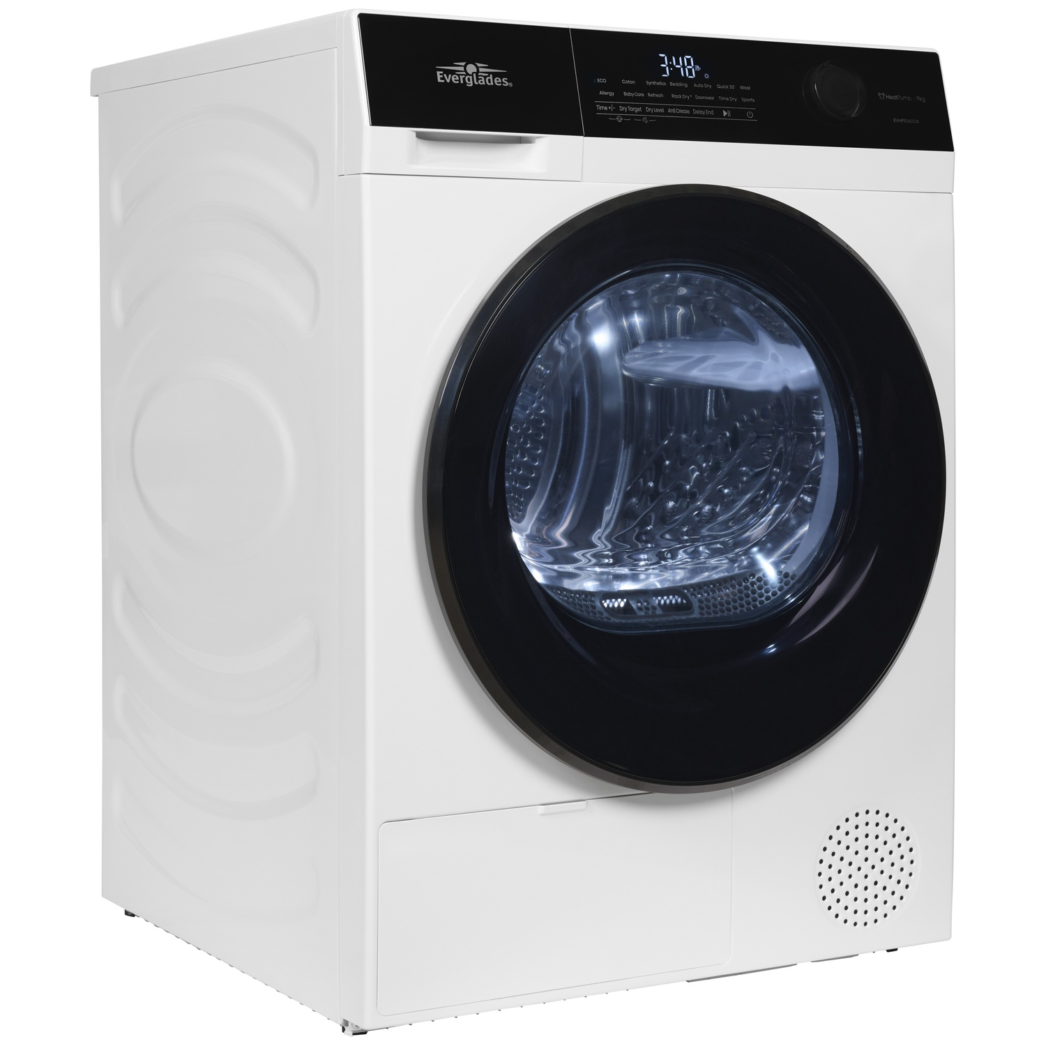 Een witte wasdroger met een zwarte deur en een digitaal display.