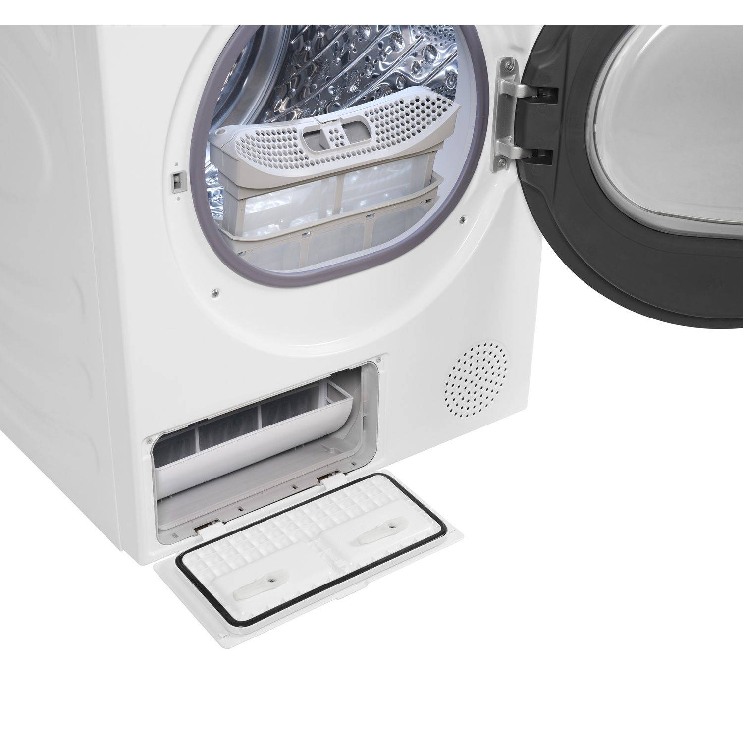 Een witte wasmachine met open deur en een verwijderbaar filtercompartiment.