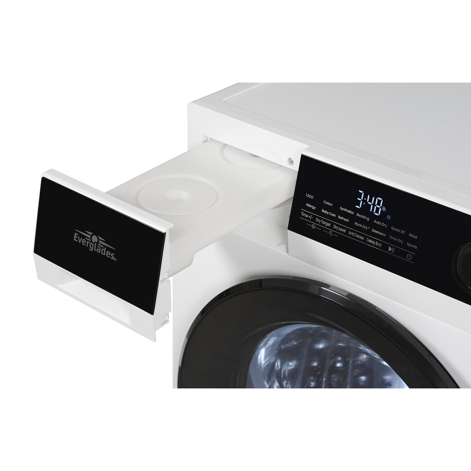 Een witte wasmachine met een open wasmiddellade en een digitaal display met 3:48.