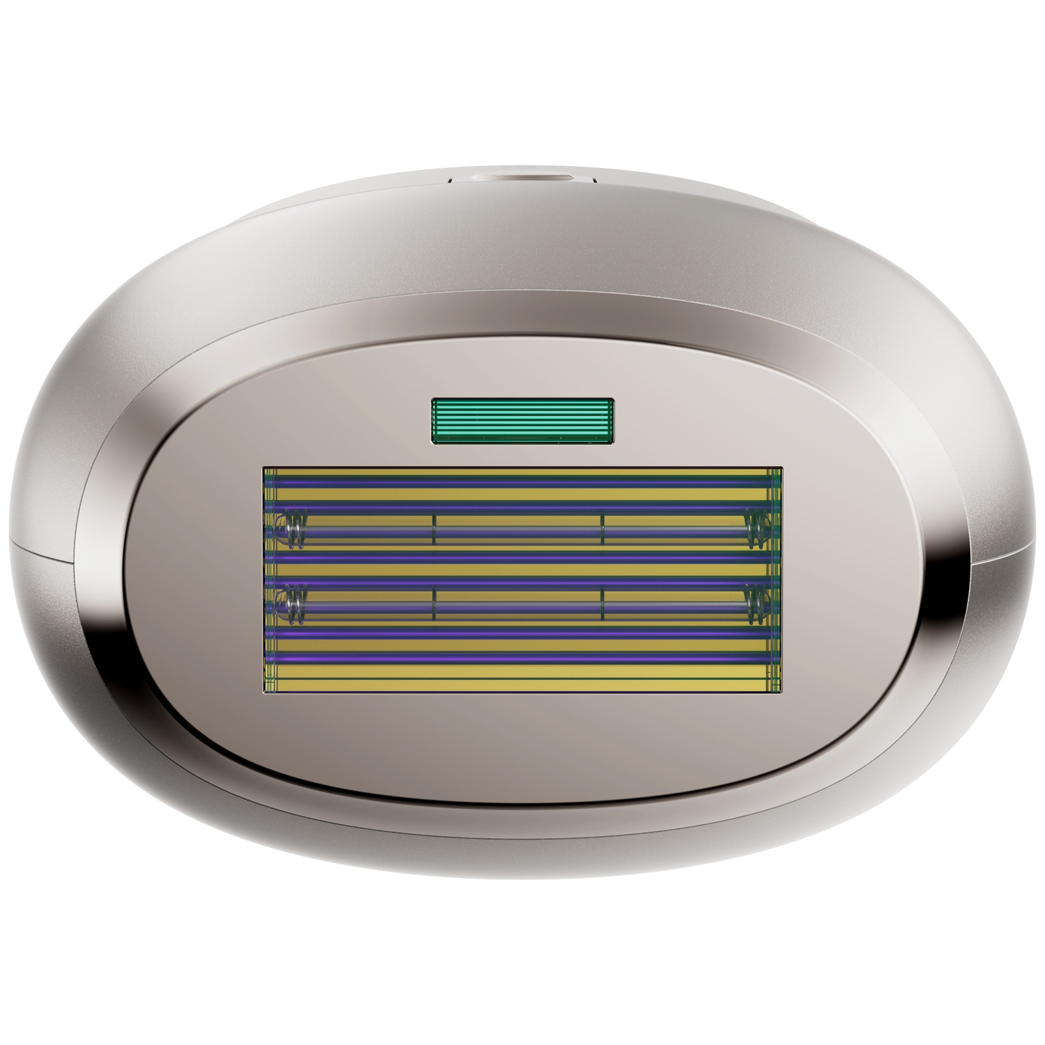 Un appareil d'épilation argenté avec une fenêtre d'indicateur verte et des lentilles.