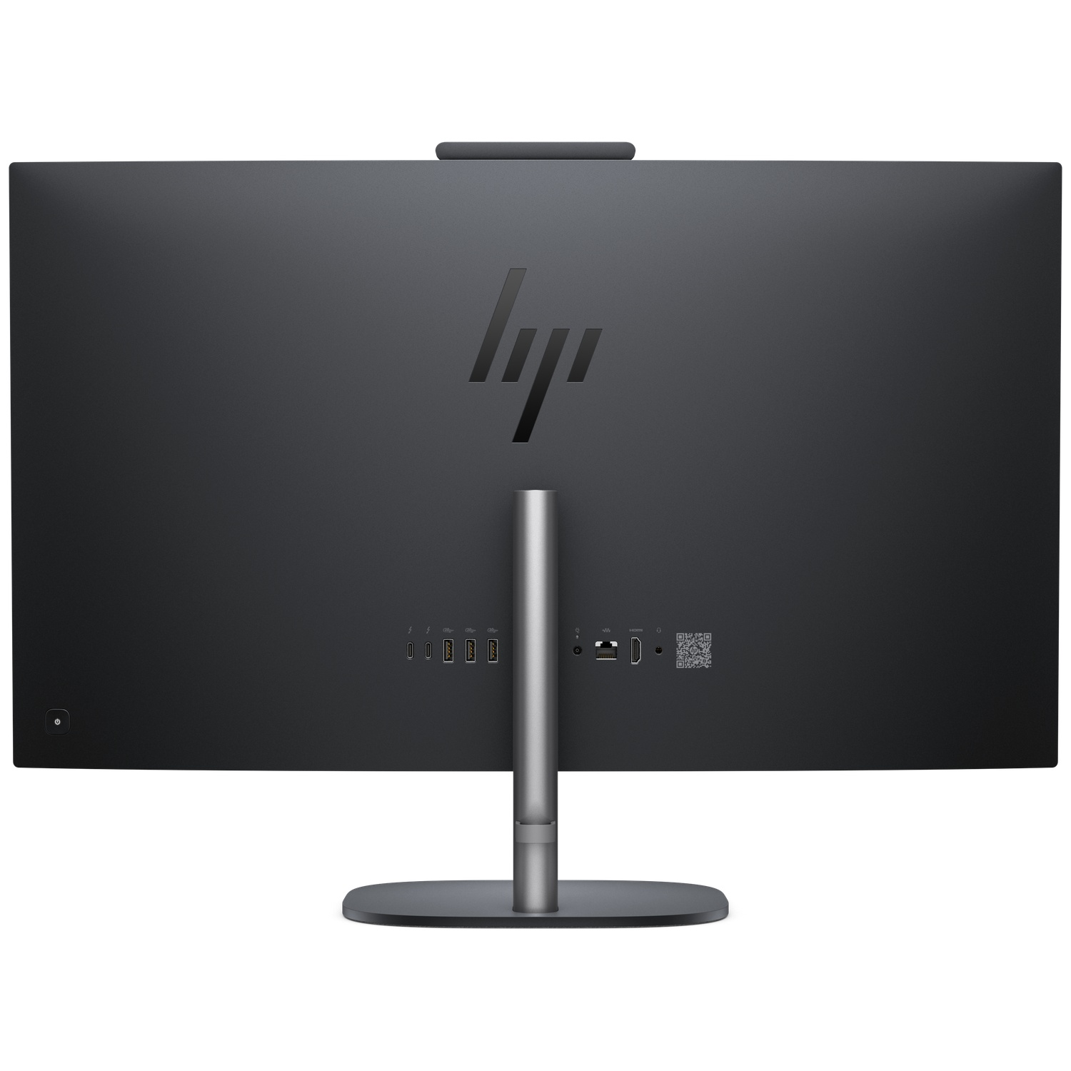 Achterkant van een donkergrijze monitor met HP-logo en poorten.