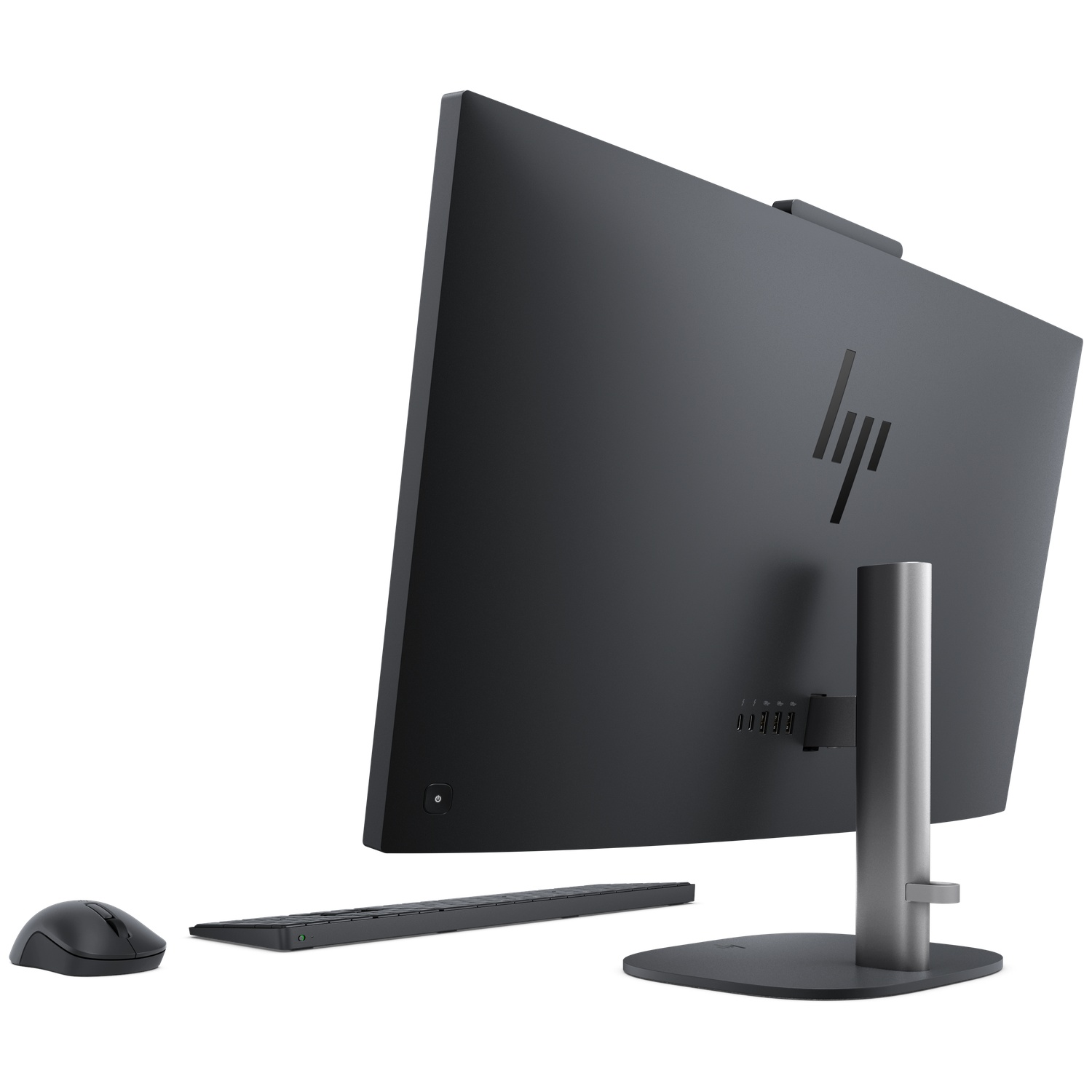 Achterkant van een zwarte HP all-in-one computer met toetsenbord en muis.