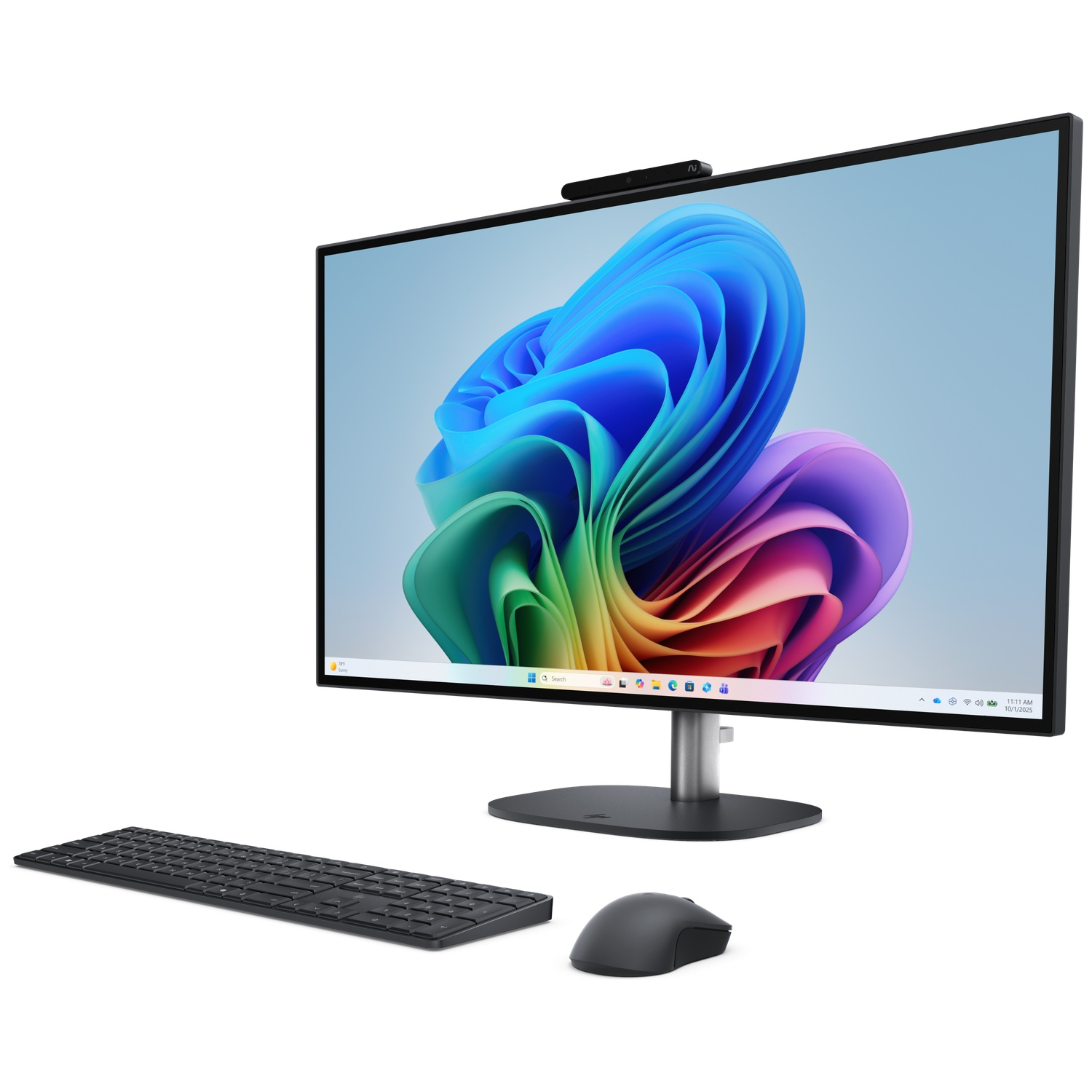 Een zwarte computermonitor met kleurrijke abstracte achtergrond, toetsenbord en muis.