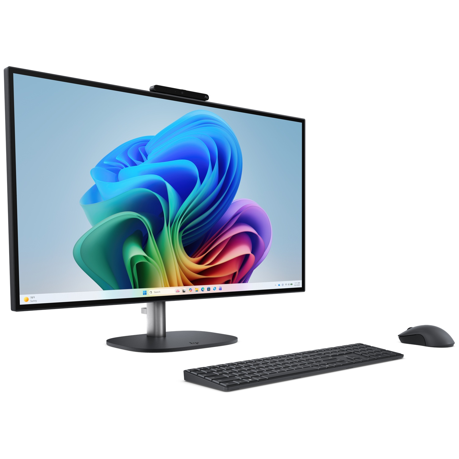 Een all-in-one computer met groot scherm, toetsenbord en muis.