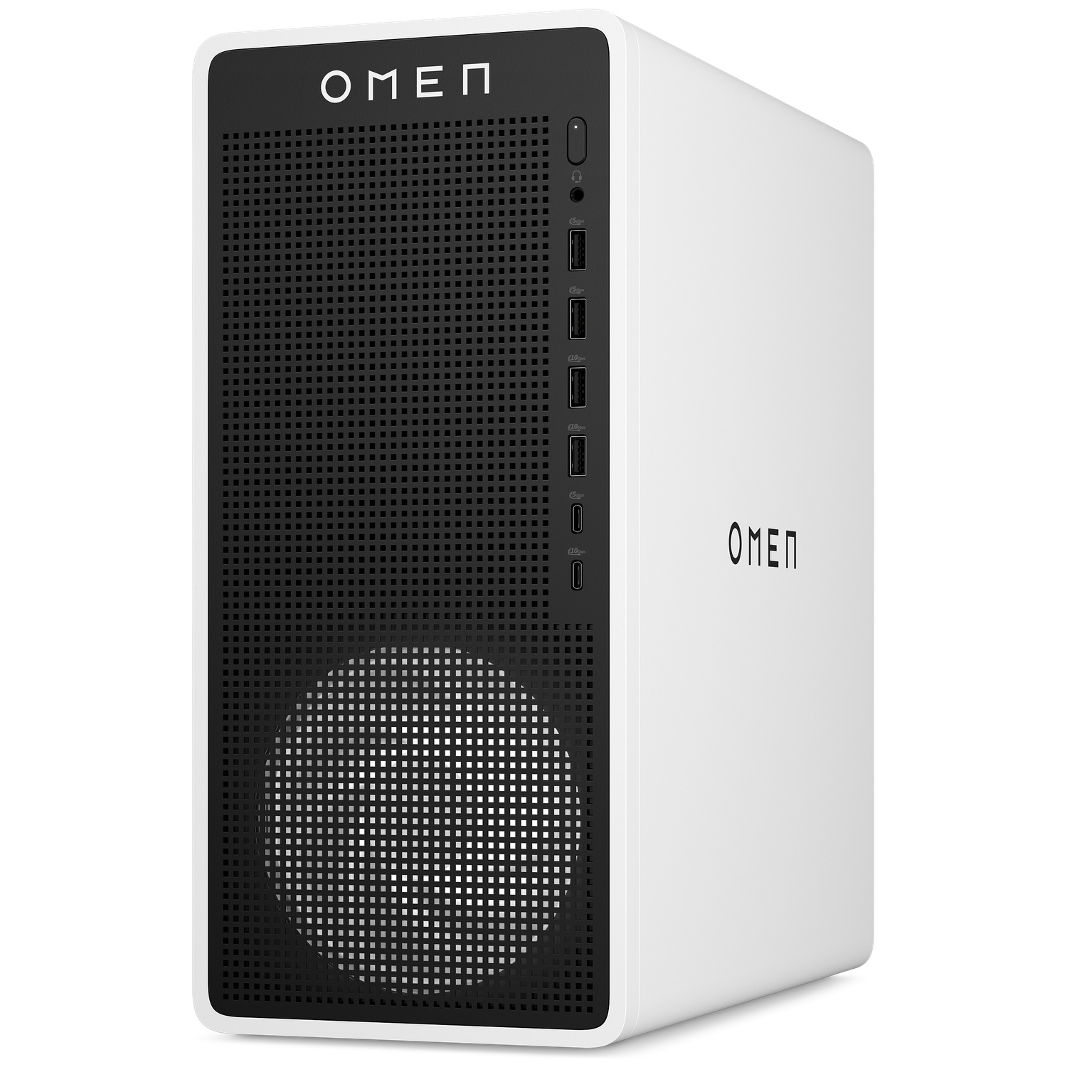 Een witte OMEN gaming-pc met een zwart geperforeerd voorpaneel en poorten.