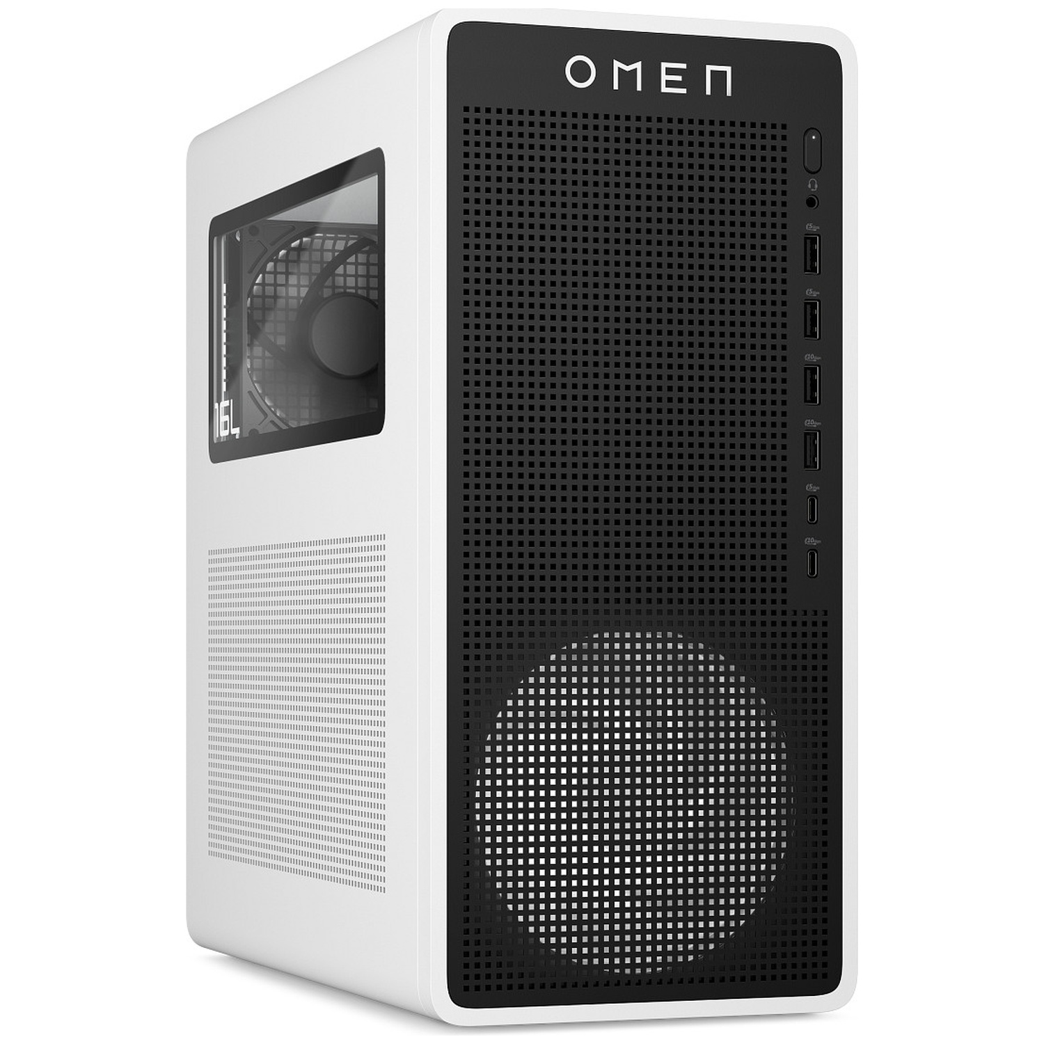 Een witte OMEN gaming-pc met zwarte voorkant en ventilatoren.
