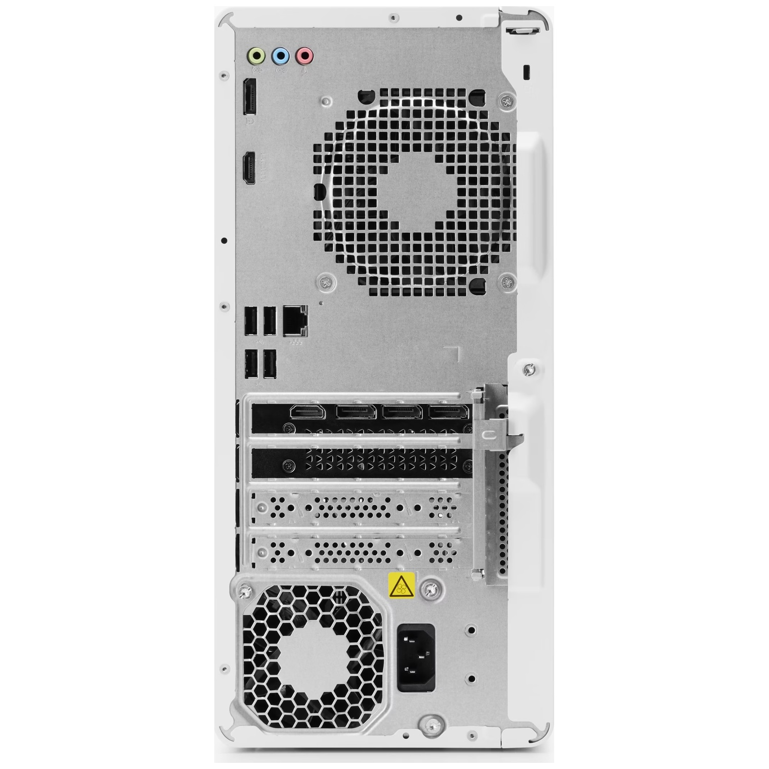 Achterkant van een witte pc met ventilatoren, poorten en stroomconnector.