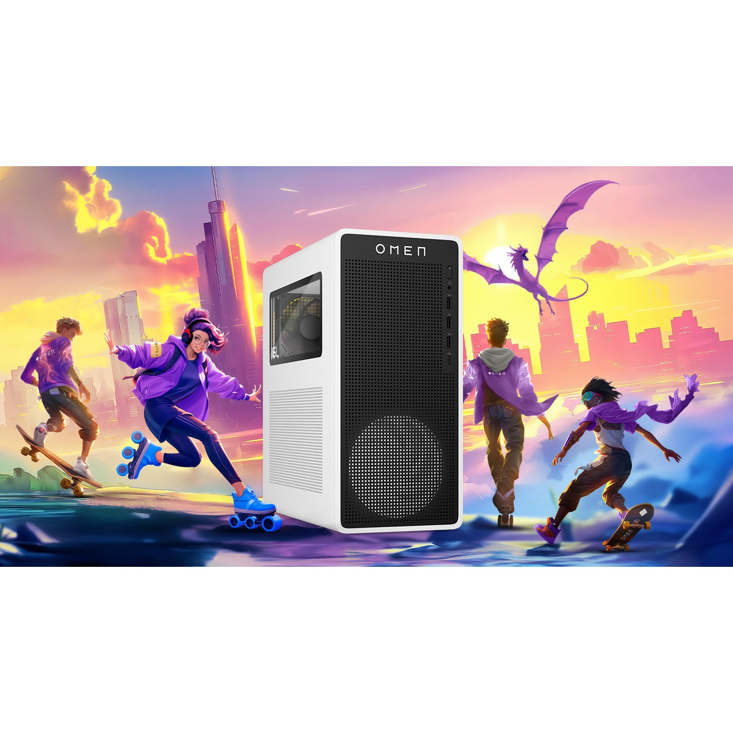 Een witte pc voor een stadsgezicht bij zonsondergang. Vier jongeren zijn actief.
