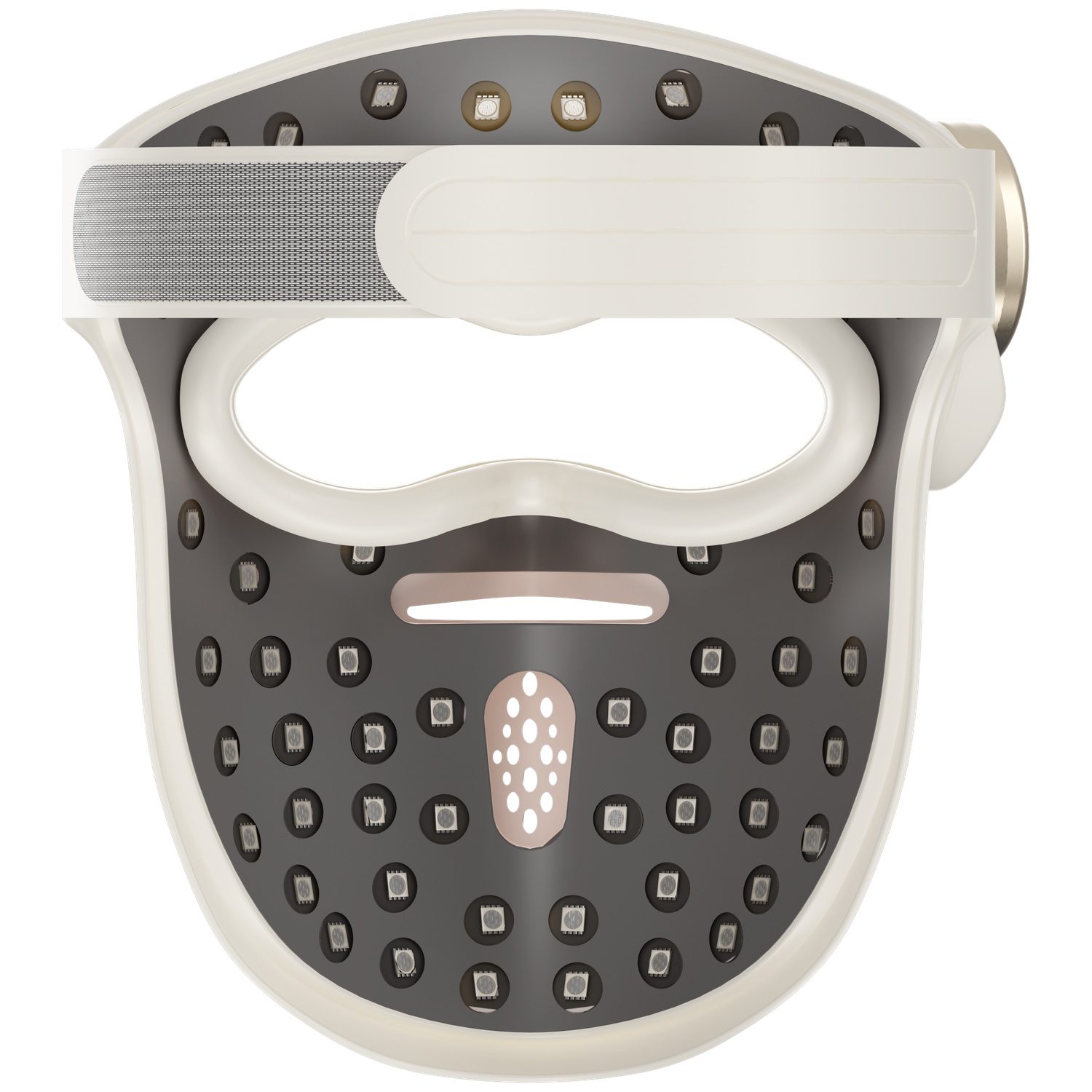 Un masque facial blanc avec de nombreuses petites lumières et une sangle.