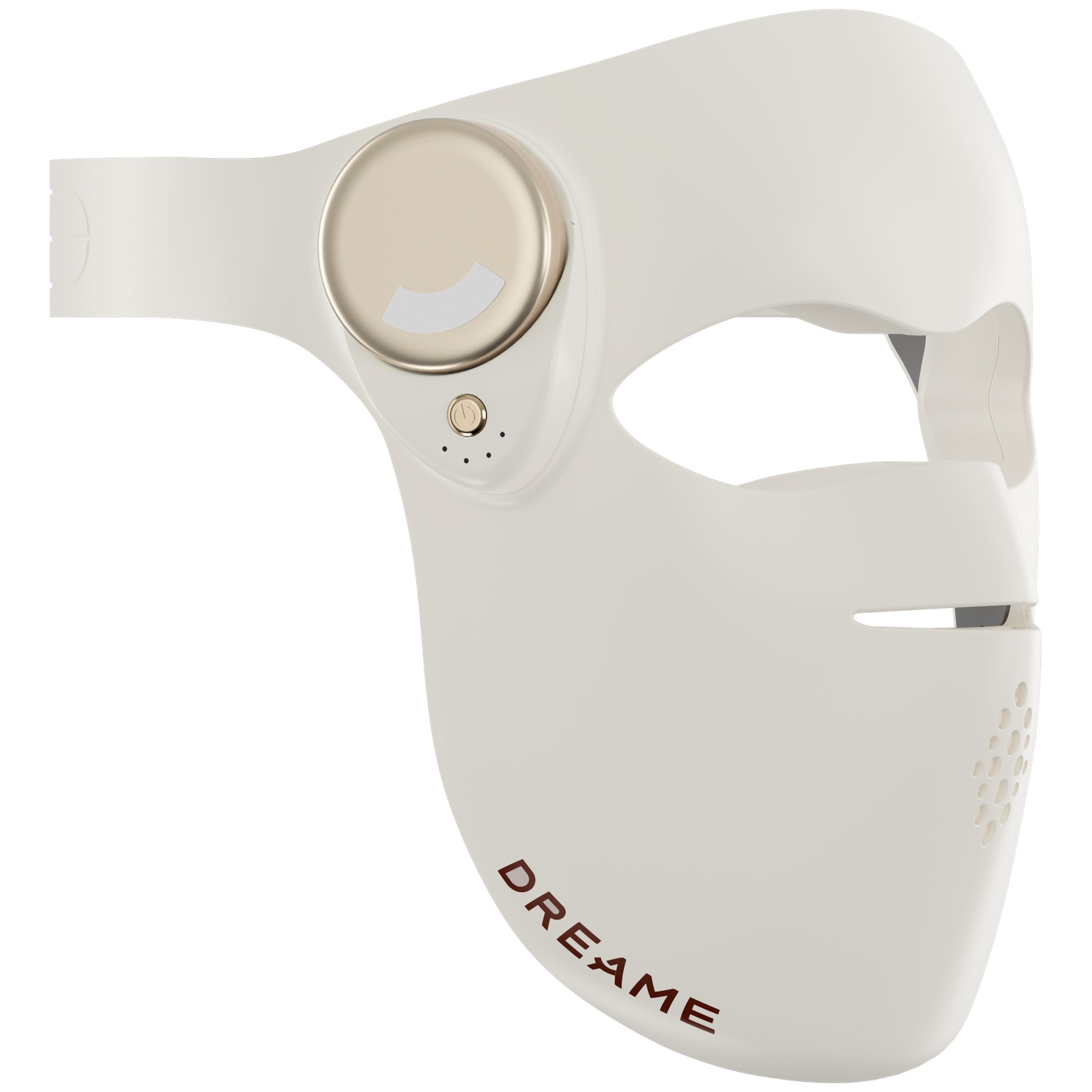 Masque facial blanc avec des accents dorés et des trous de ventilation.