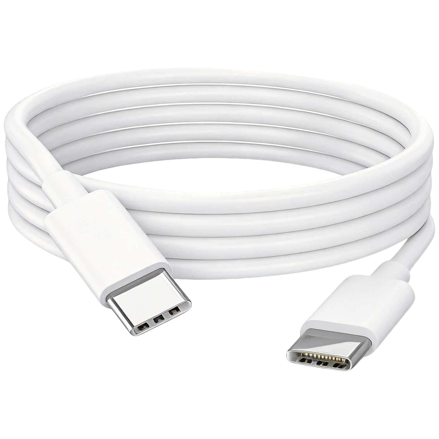 Un câble USB-C blanc, enroulé, avec les deux connecteurs visibles.