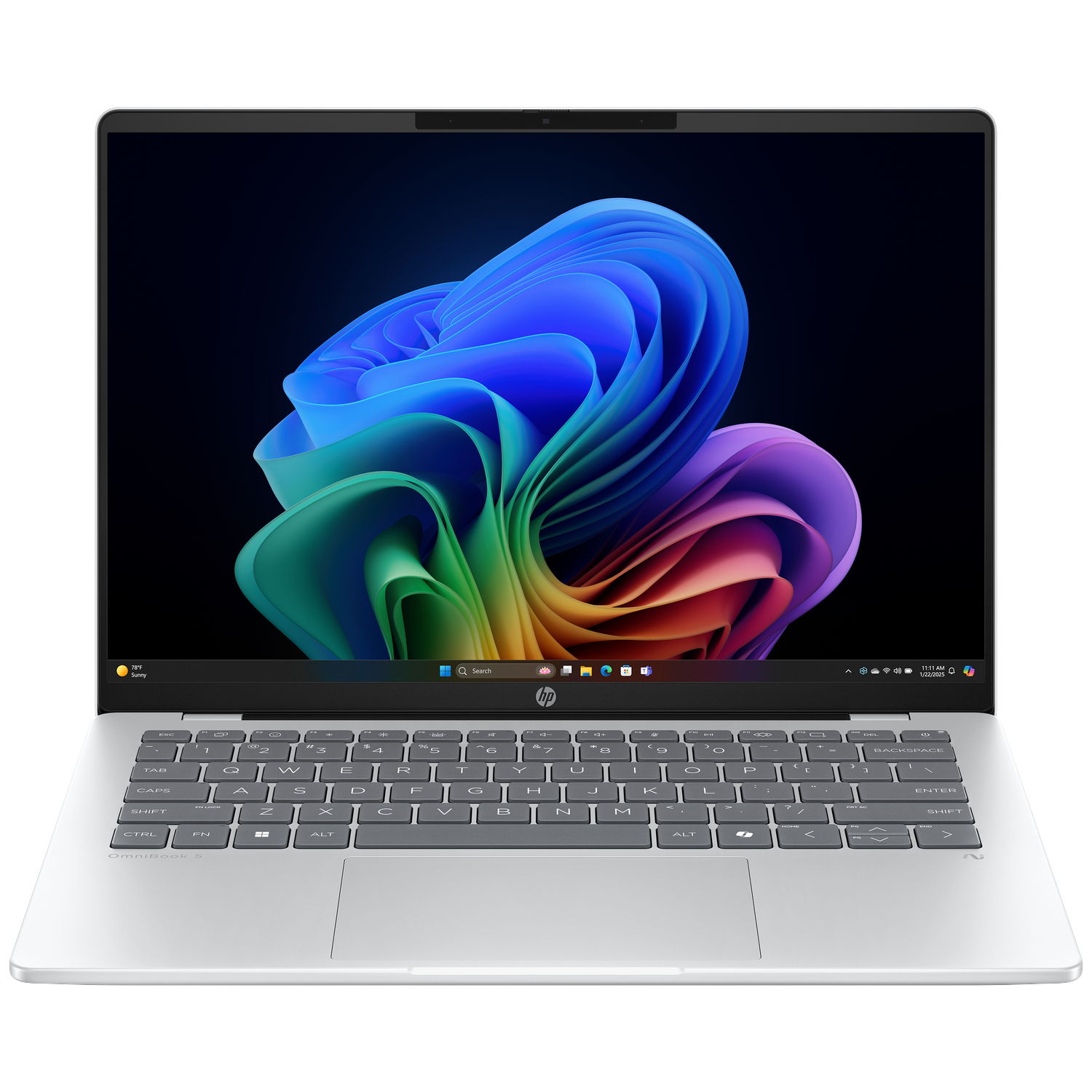 Un ordinateur portable HP OmniBook argenté avec un fond d'écran abstrait coloré et clavier gris.