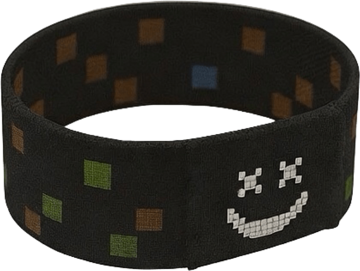 Fekete fejpánt pixel mosollyal és színes négyzetekkel.