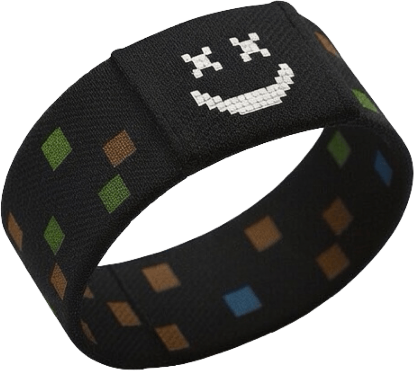 Fekete fejpánt pixeles smileyval és színes négyzetekkel.