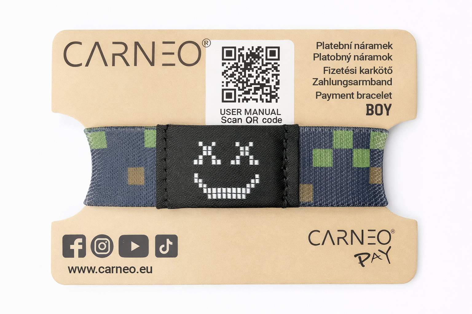Fiúknak való fizetési karkötő pixeles mintával és mosolygó arccal.