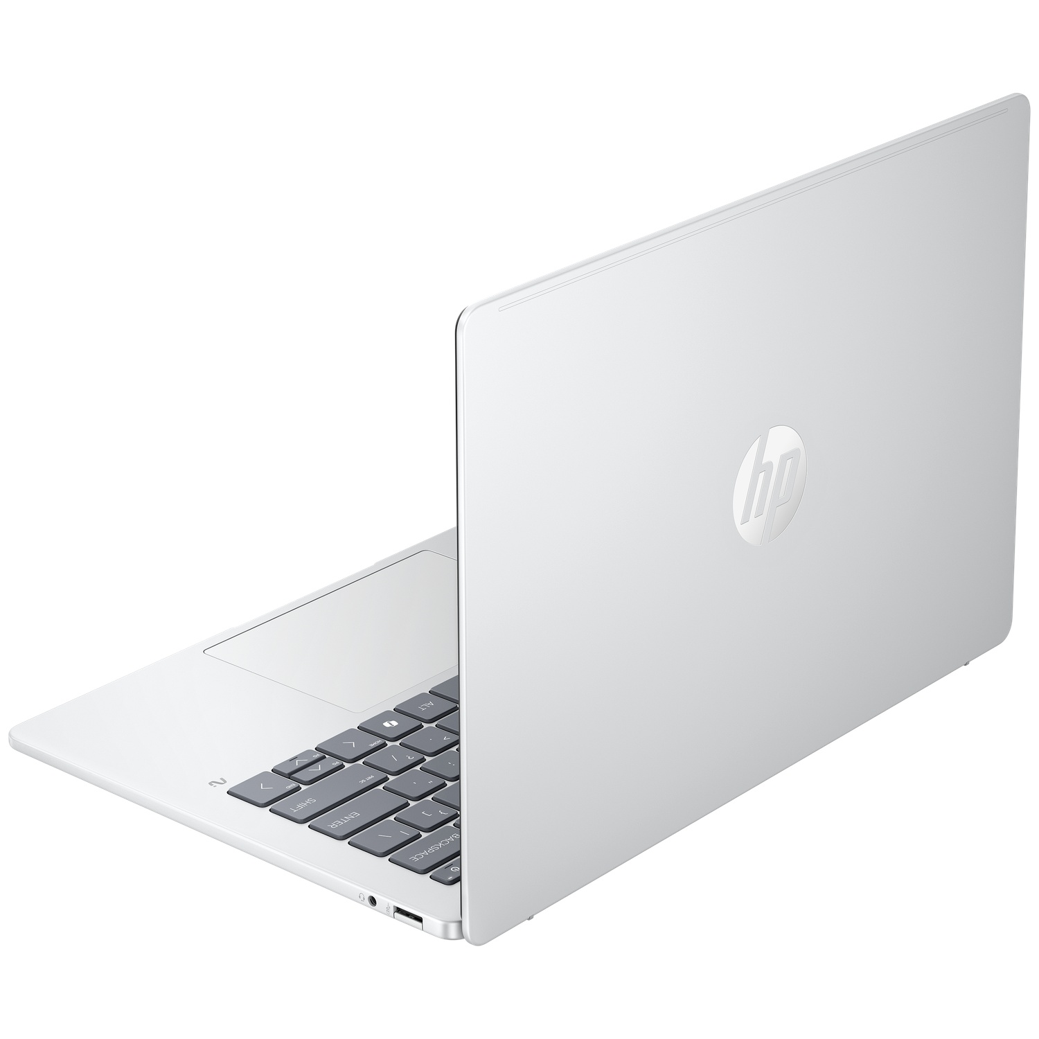 Un ordinateur portable HP blanc avec l'écran ouvert, montrant le clavier.