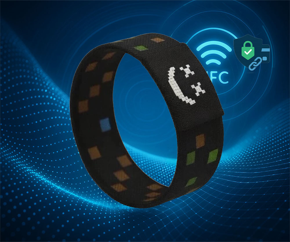 Fekete csuklópánt mosolygó arccal és kockás mintával, NFC szimbólummal a háttérben.
