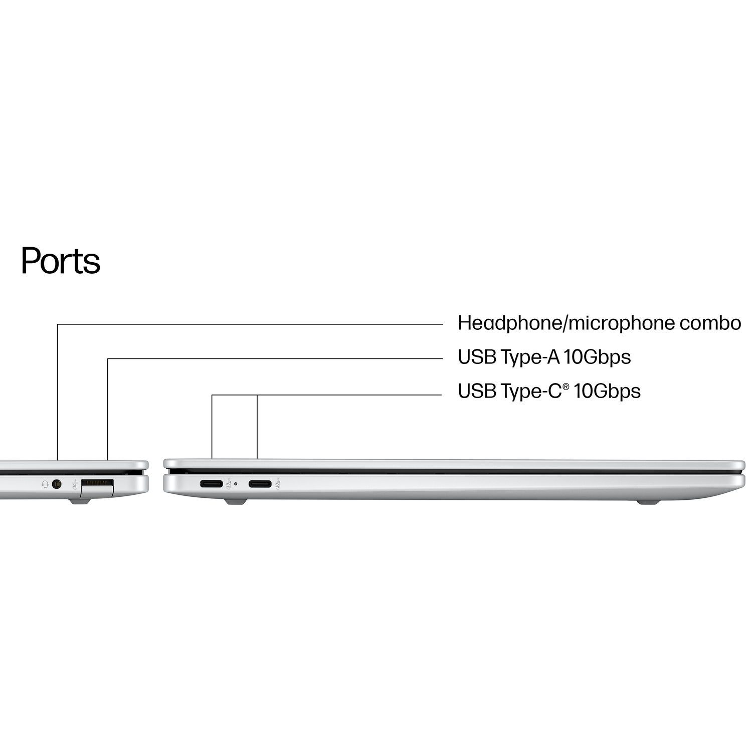 Vue latérale des ports de l'ordinateur portable : casque/micro, USB-A, USB-C.