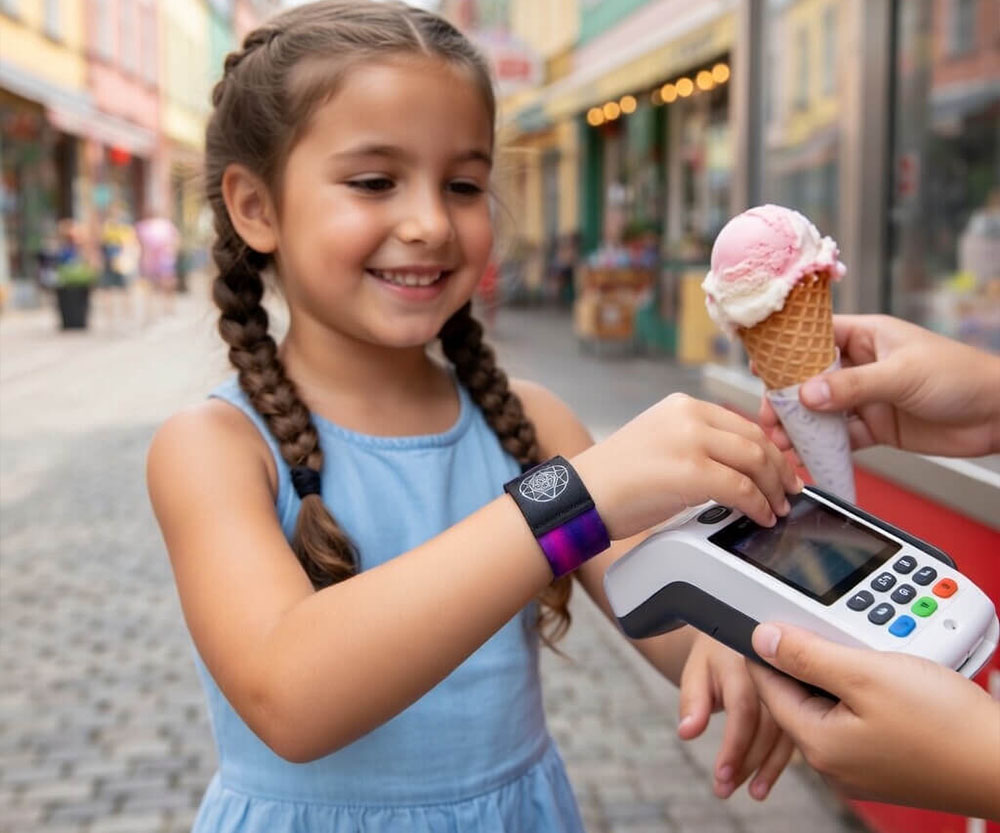 Egy copfos kislány csuklópánttal fizet egy POS terminálnál egy fagylakért.