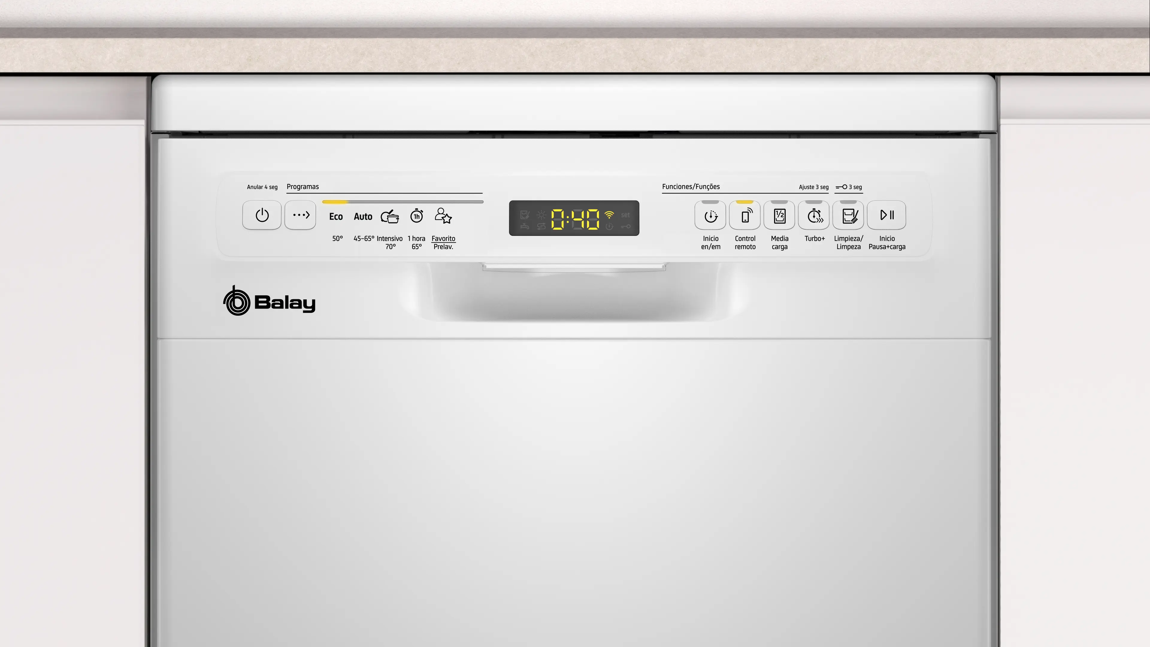 Panel de control de un lavavajillas blanco con pantalla digital y botones de selección.