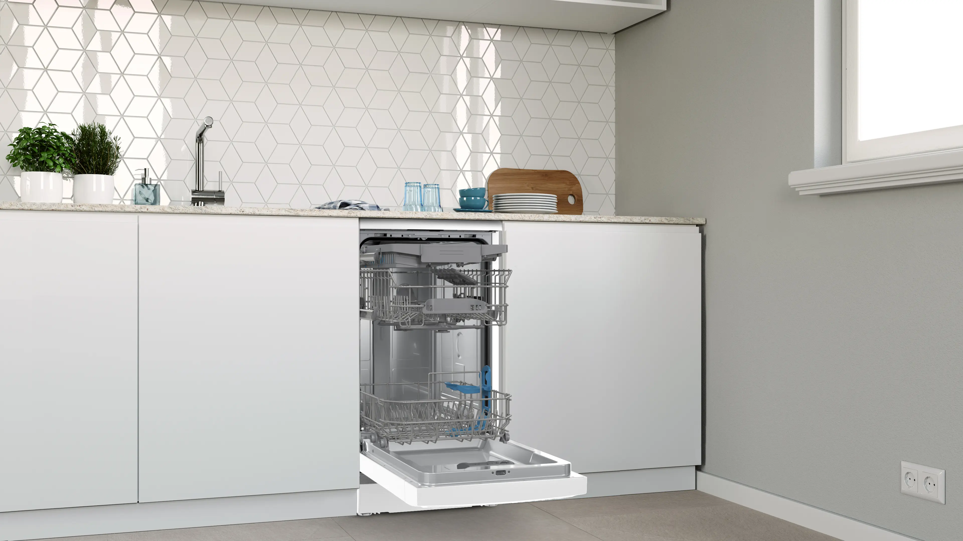 Lavavajillas abierto en una cocina moderna con gabinetes blancos y suelo beige.