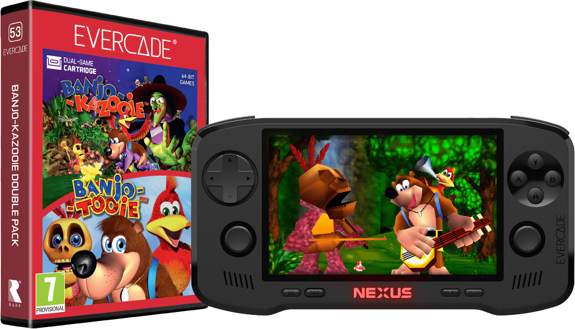 Konsola podręczna Evercade z podwójnym opakowaniem gry Banjo-Kazooie. Banjo gra na gitarze.