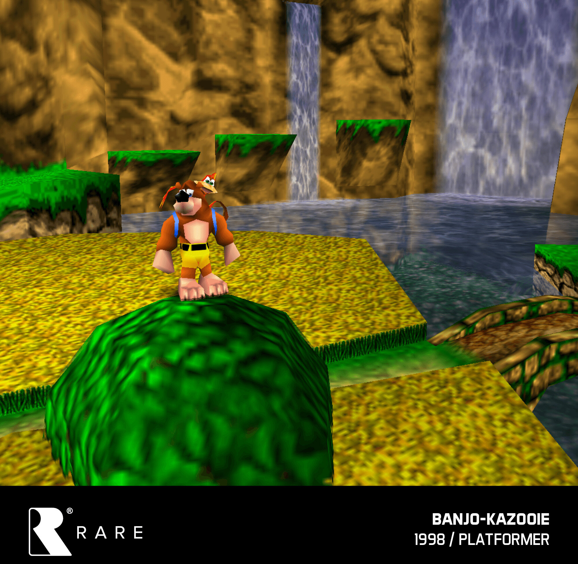 Banjo i Kazooie stoją na zielonych platformach przy wodospadach w skalistym terenie.