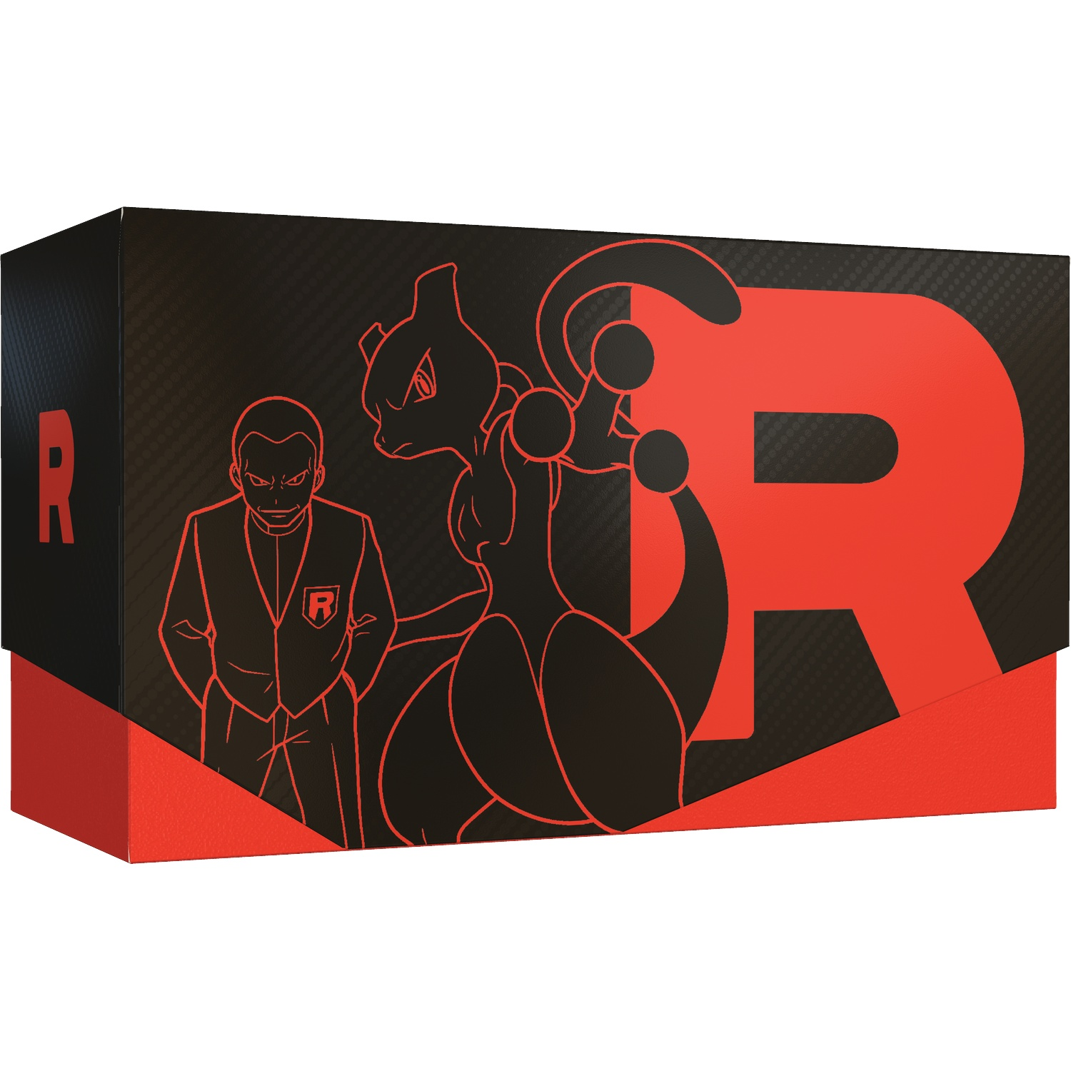 Zwarte doos met rood Team Rocket logo, Mewtwo en Giovanni figuur.