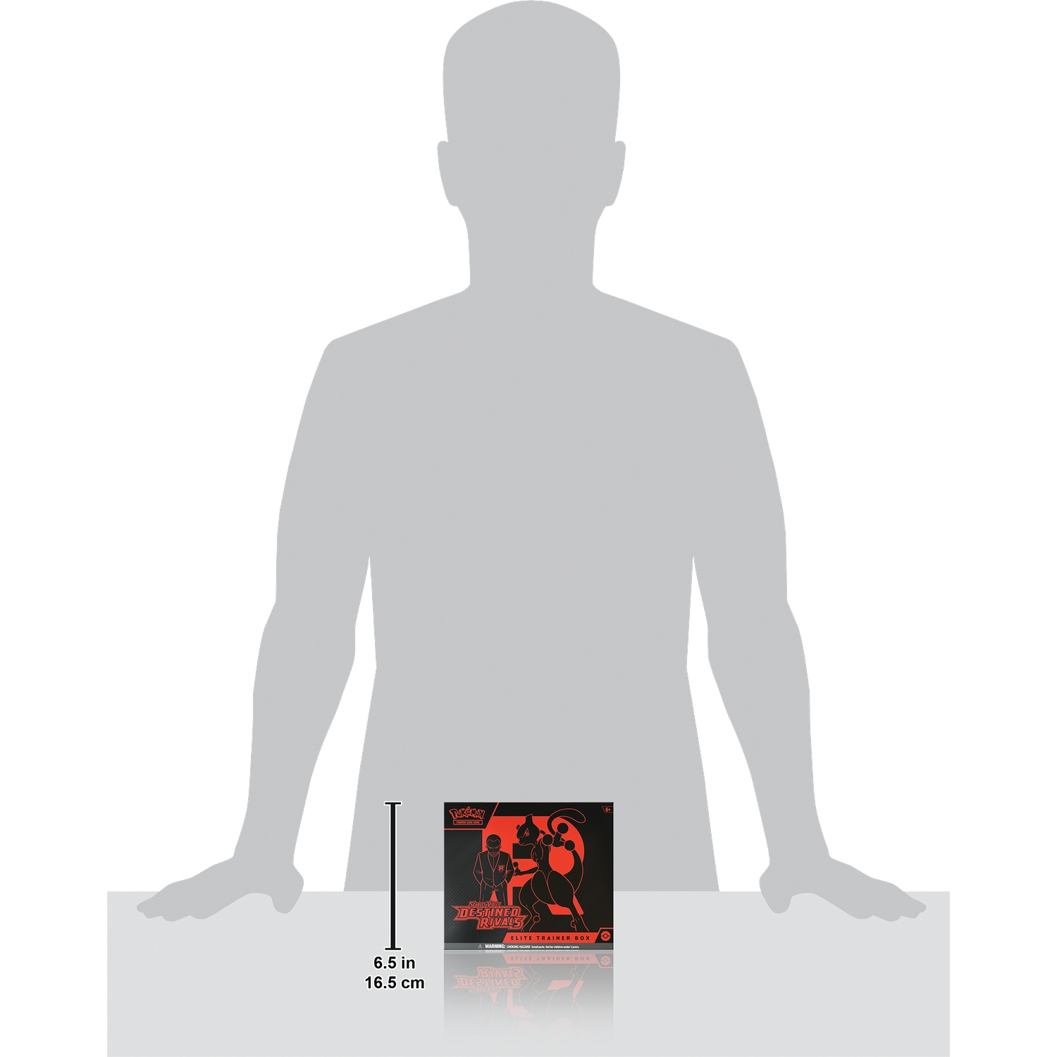 Silhouet van een man die een Pokémon Destined Rivals Elite Trainer Box vasthoudt. Meet 16,5 cm.