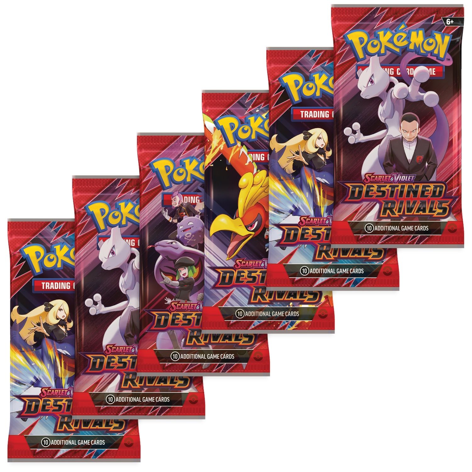 Zes rode Pokémon ruilkaartspakketten met personages en logo's.