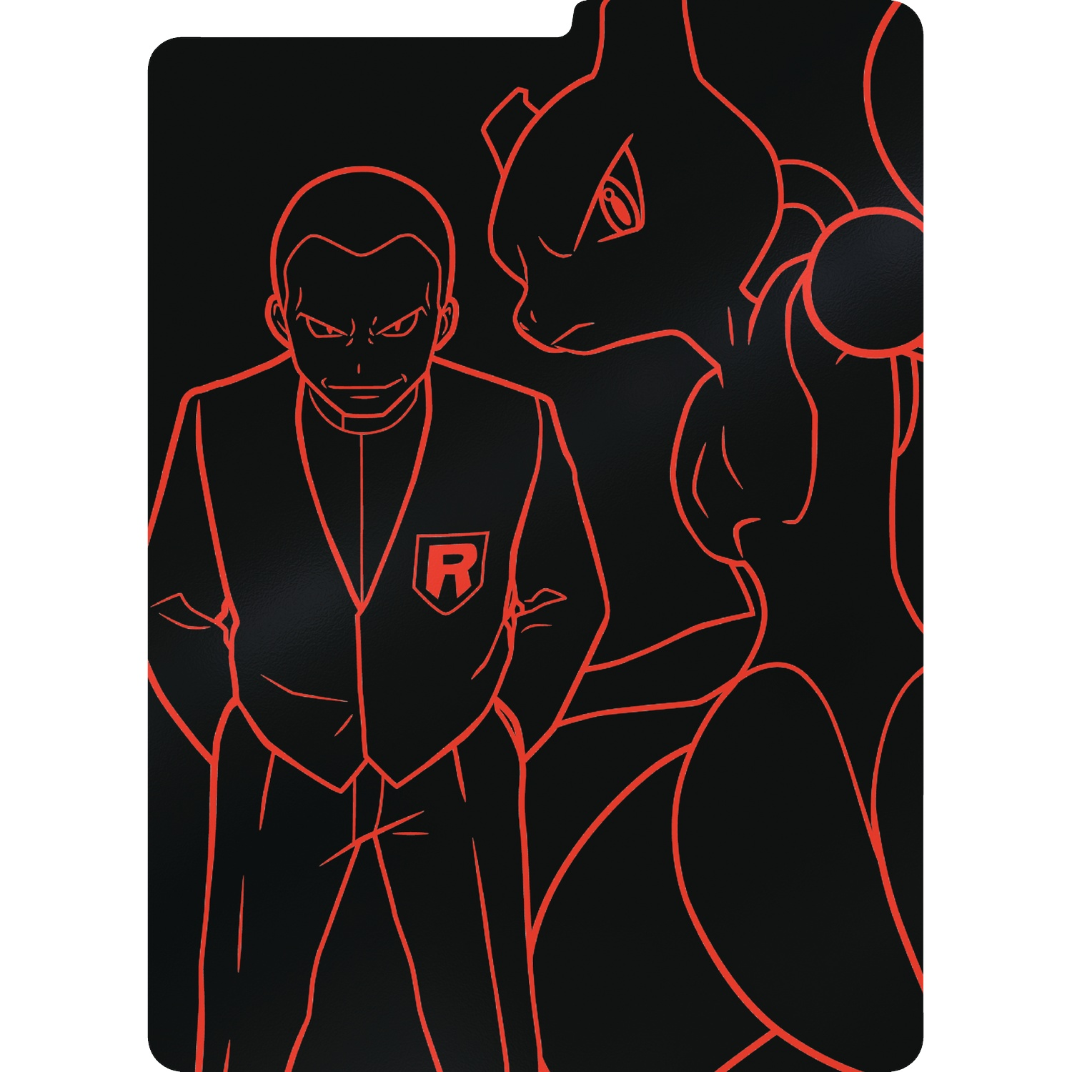 Een man in uniform naast een wezen, alles in rode lijntekening op zwarte achtergrond.