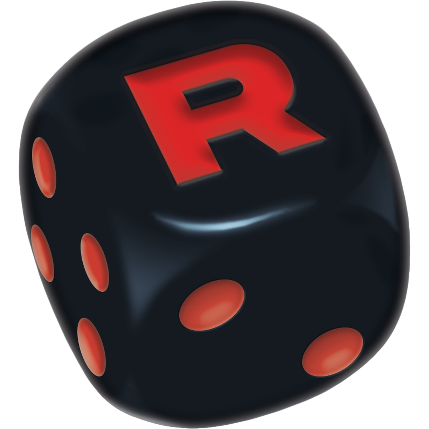 Zwarte dobbelsteen met een rode R en rode stippen.