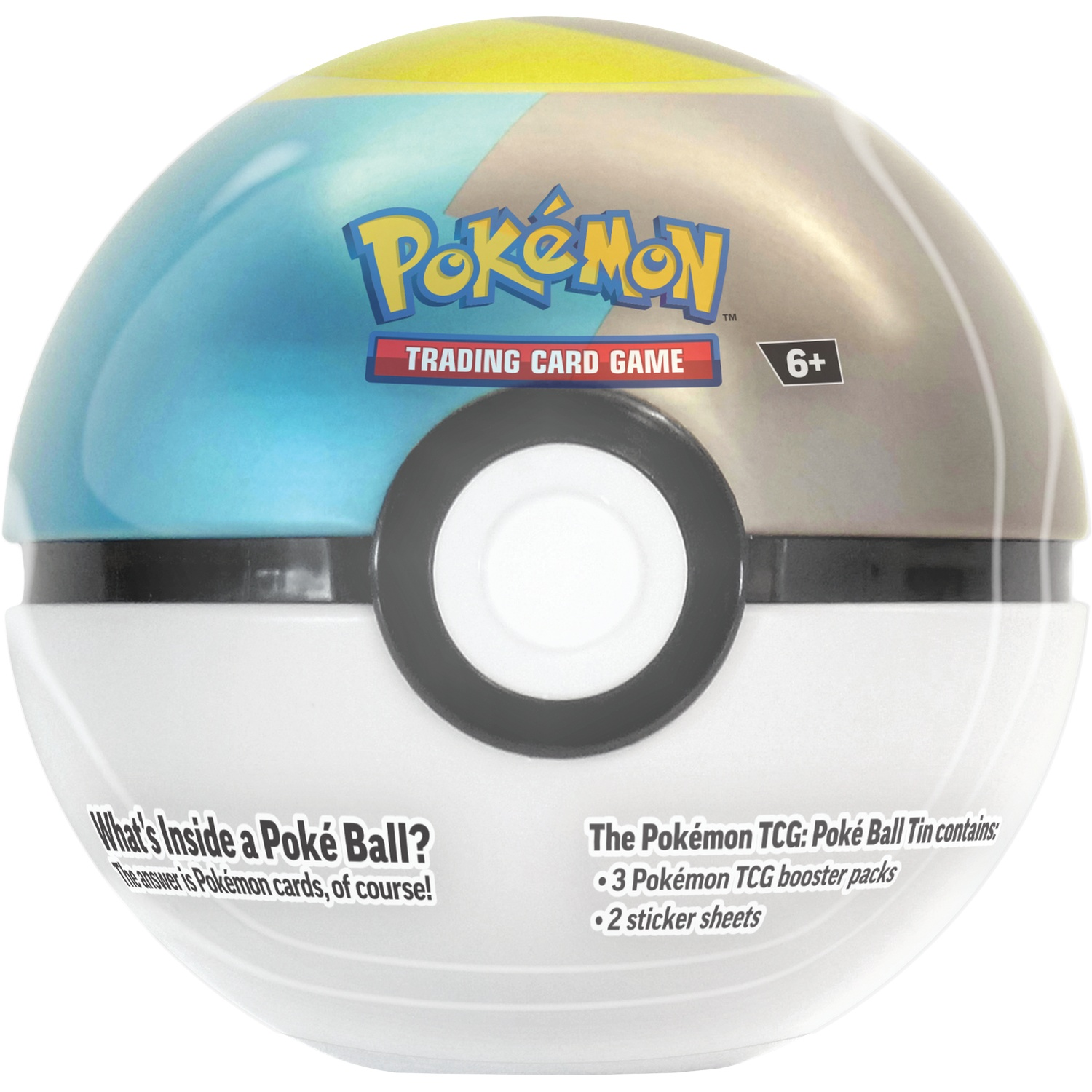 Een Pokémon Trading Card Game Pokeball blik met tekst die de inhoud aangeeft: 3 boosterpakketten, 2 stickervellen.