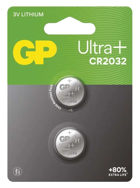 Opakowanie z dwoma bateriami litowymi GP Ultra+ CR2032.