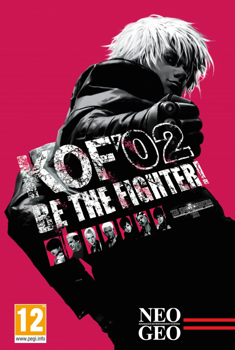 Kyo Kusanagi celuje z bronią w KOF '02, poniżej portrety postaci.