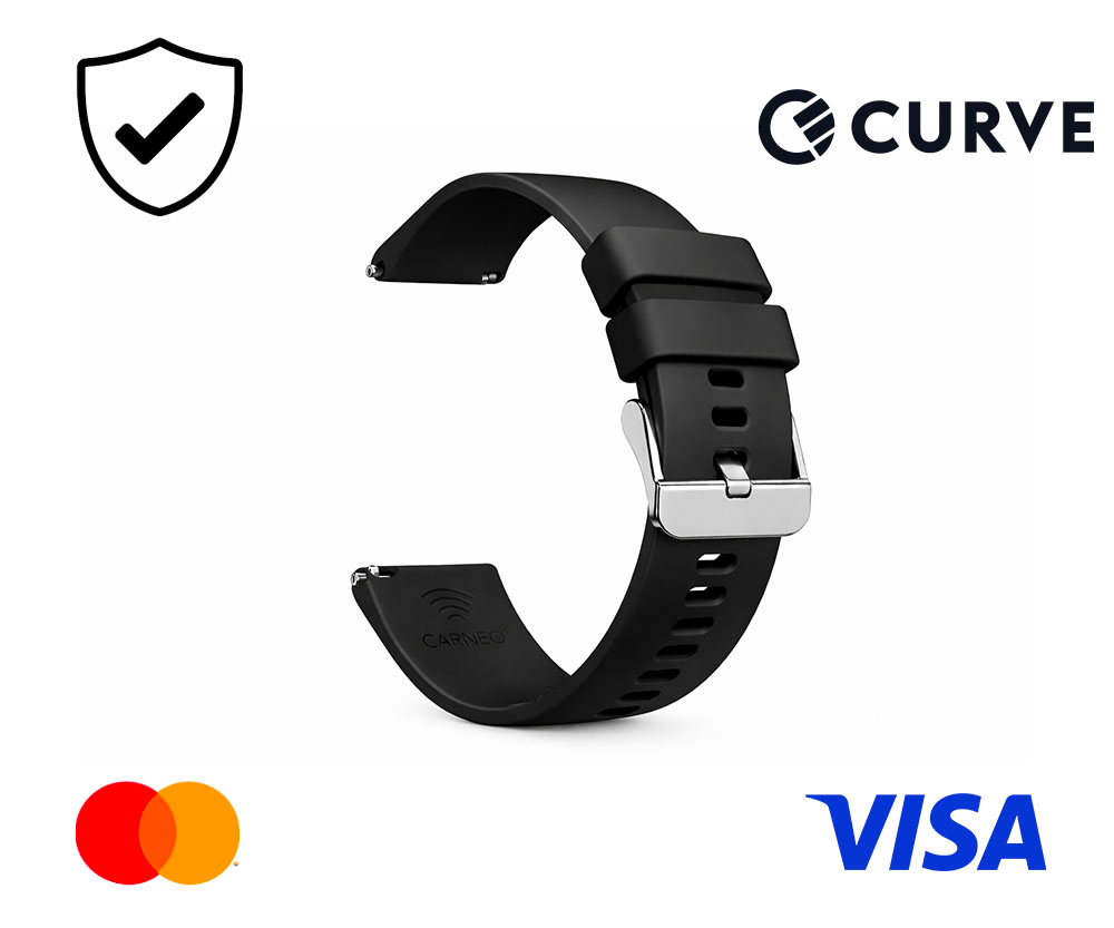 Fekete óraszíj fémcsattal és Curve logóval. Mastercard és Visa logók.