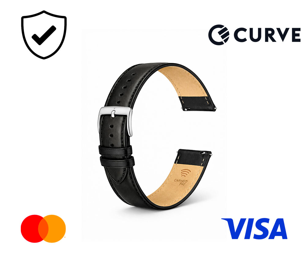 Fekete bőr óraszíj ezüst csattal és Curve logóval.