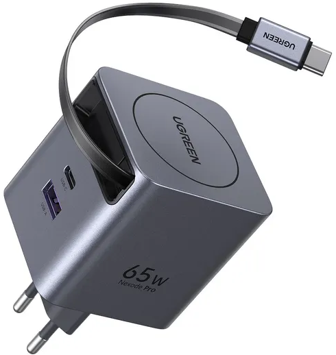 Caricatore UGREEN 65W Nexode Pro grigio con porte USB-C e USB-A, più un cavo USB-C.