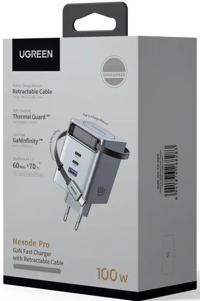 Caricatore UGREEN Nexode Pro 100W GaN con cavo retrattile sulla scatola.