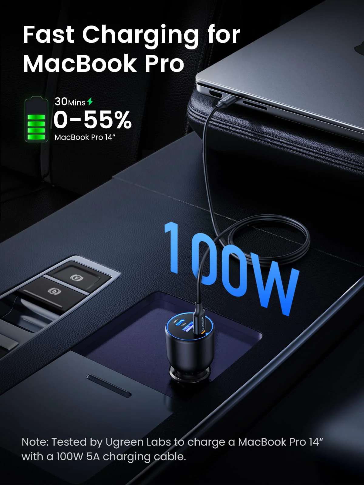 Schnellladung für MacBook Pro: 0-55% in 30 Min. mit 100W Ladeadapter.