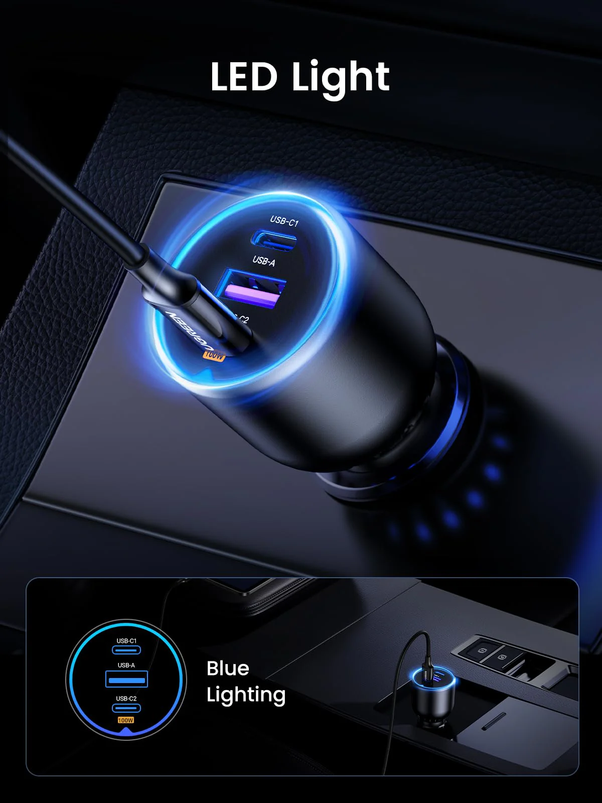 Ein schwarzer Auto-Ladegerät mit blauer LED-Beleuchtung und mehreren USB-Anschlüssen.