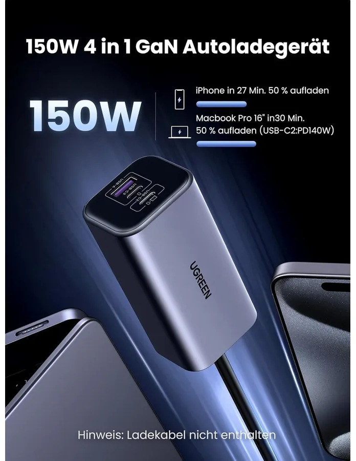 UGREEN 150W 4-in-1 GaN-Ladegerät mit USB-Anschlüssen, lädt iPhone & MacBook Pro.