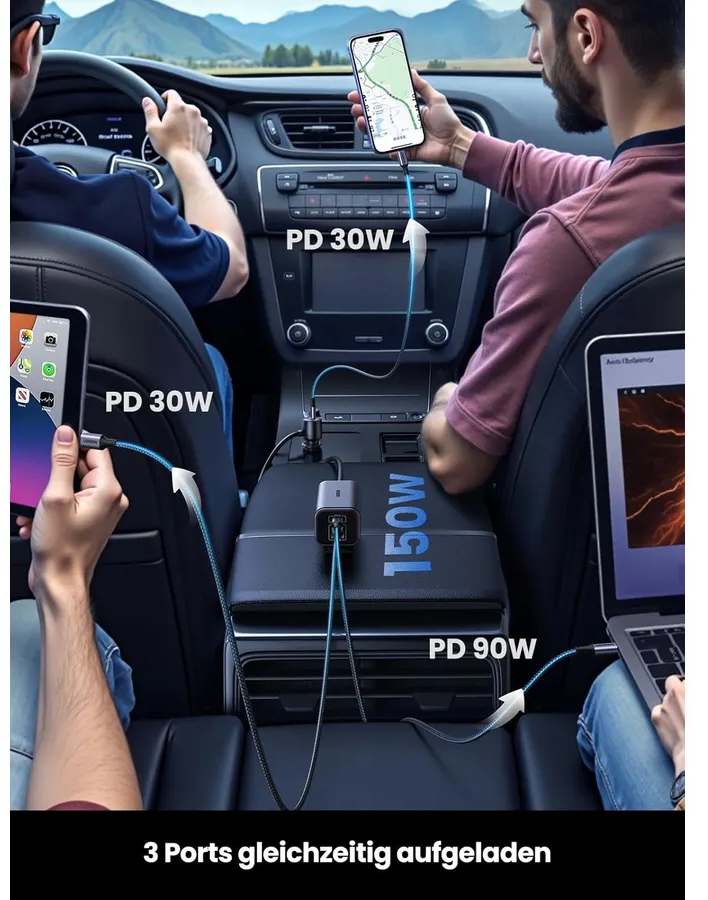 Drei Personen laden im Auto gleichzeitig Geräte auf mit einem 150W Ladegerät.