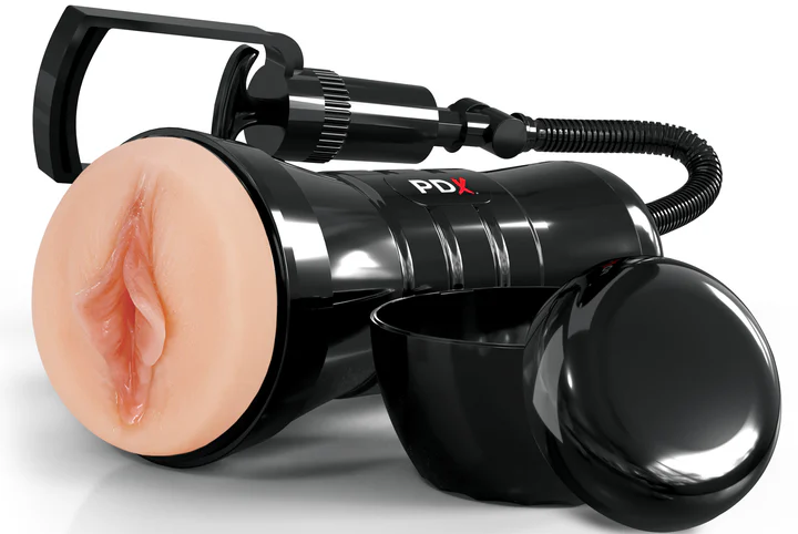 Pompe à pénis sous vide noire avec intérieur rose et poignée.