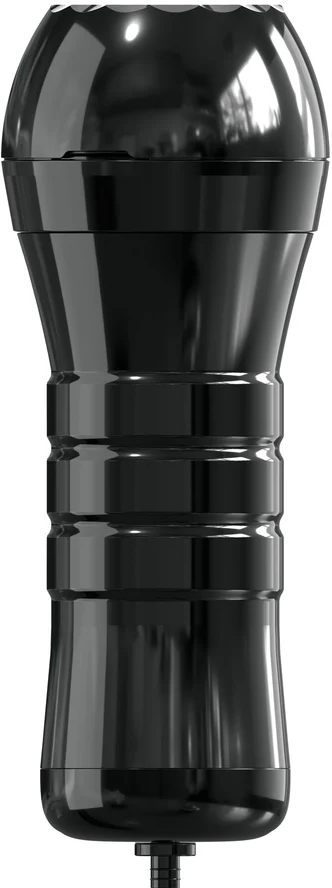 Un objet métallique noir brillant avec un manche rainuré sur fond blanc.