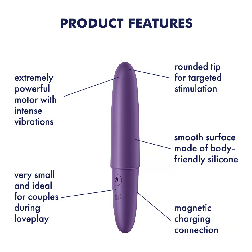 Un vibromasseur violet avec une pointe arrondie, une surface lisse en silicone et un port de charge.