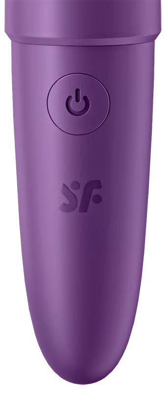 Appareil violet avec bouton d'alimentation et logo.