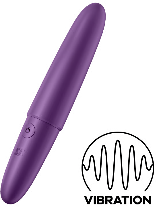 Vibrateur violet avec bouton d'alimentation et logo sur fond noir.